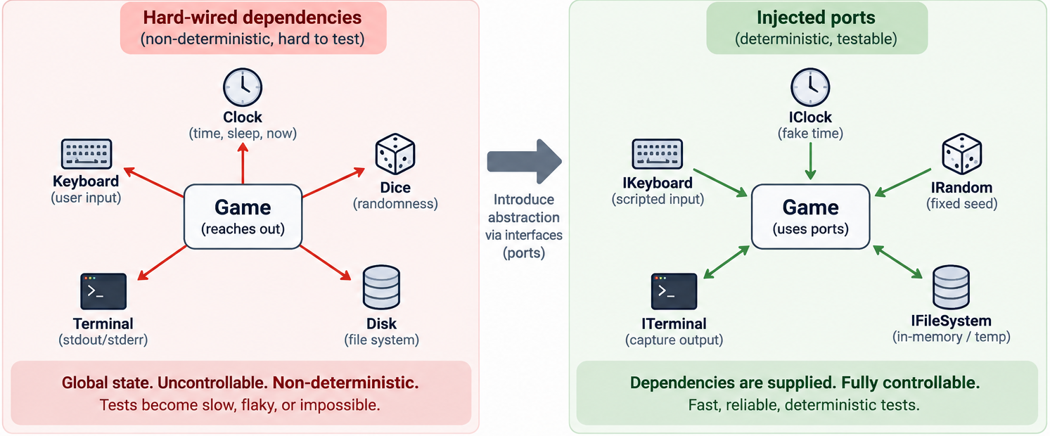Hard-wired dependencies versus injected ports